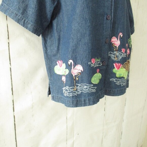 New Direction Top L Denim Embroidered Flamingo Palm Tree Cruise Resort Wear - Picture 3 of 5